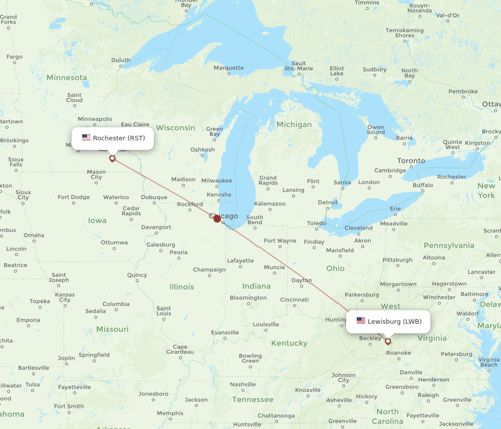 Rochester - Lewisburg route map and flight paths
