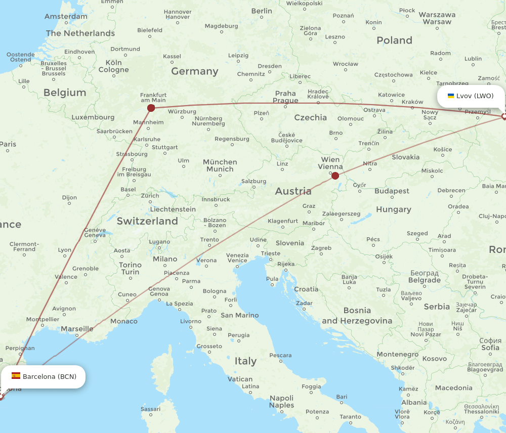 LWO-BCN flight routes