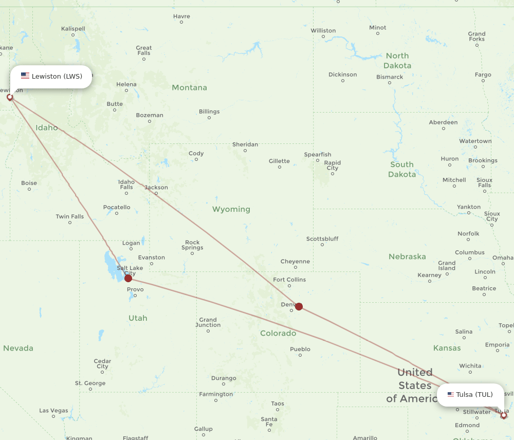 LWS to TUL flights and routes map