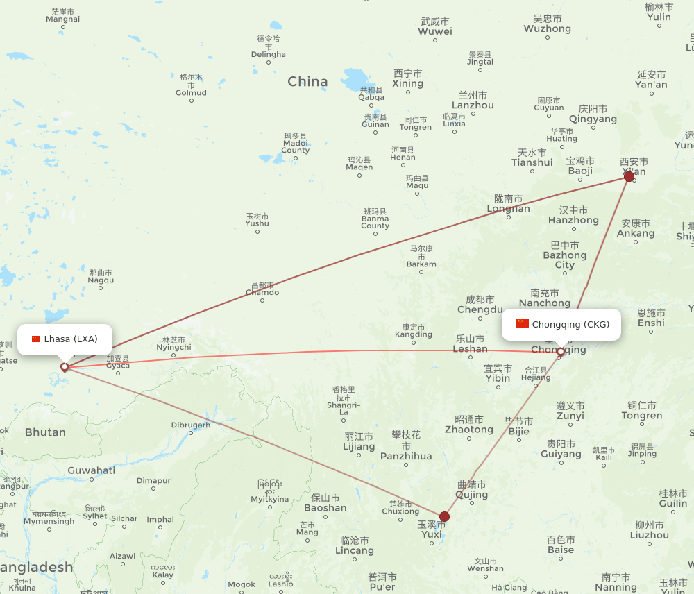 LXA-CKG flight routes