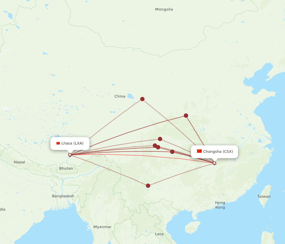 LXA to CSX flights and routes map