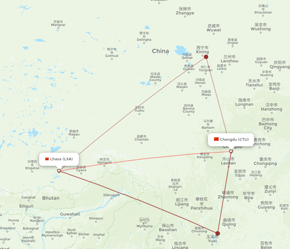 LXA to CTU flights and routes map