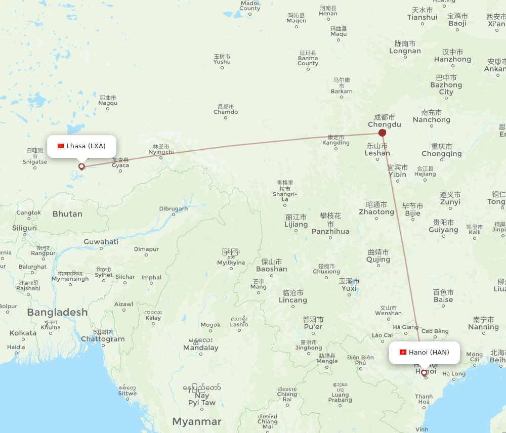 LXA to HAN flights and routes map