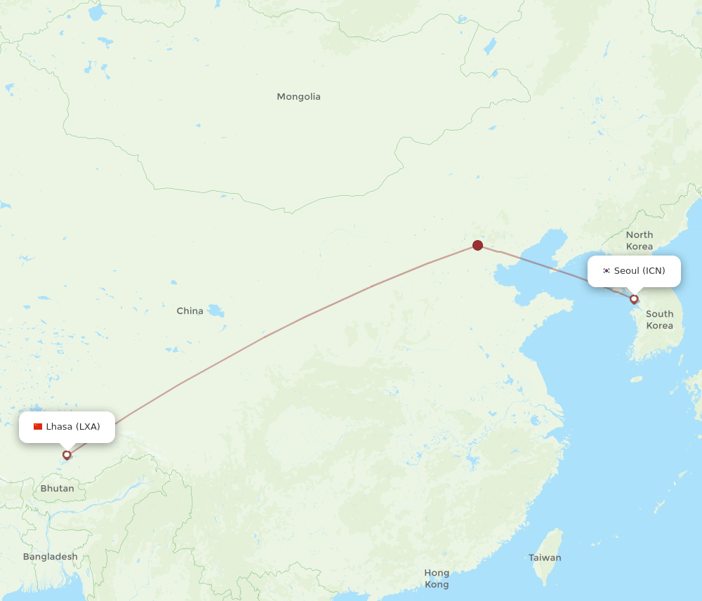 Seoul - Lhasa/Lasa route map and flight paths