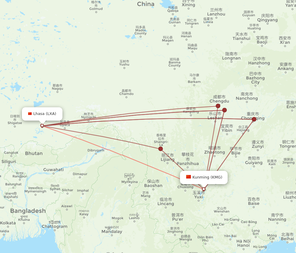 LXA to KMG flights and routes map