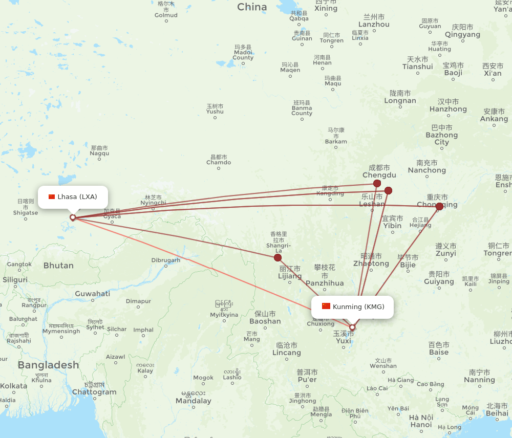 LXA-KMG flight routes