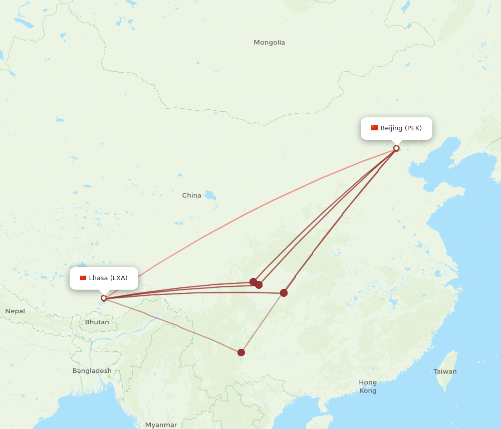 LXA to PEK flights and routes map