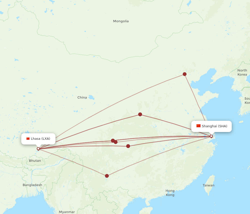 LXA to SHA flights and routes map