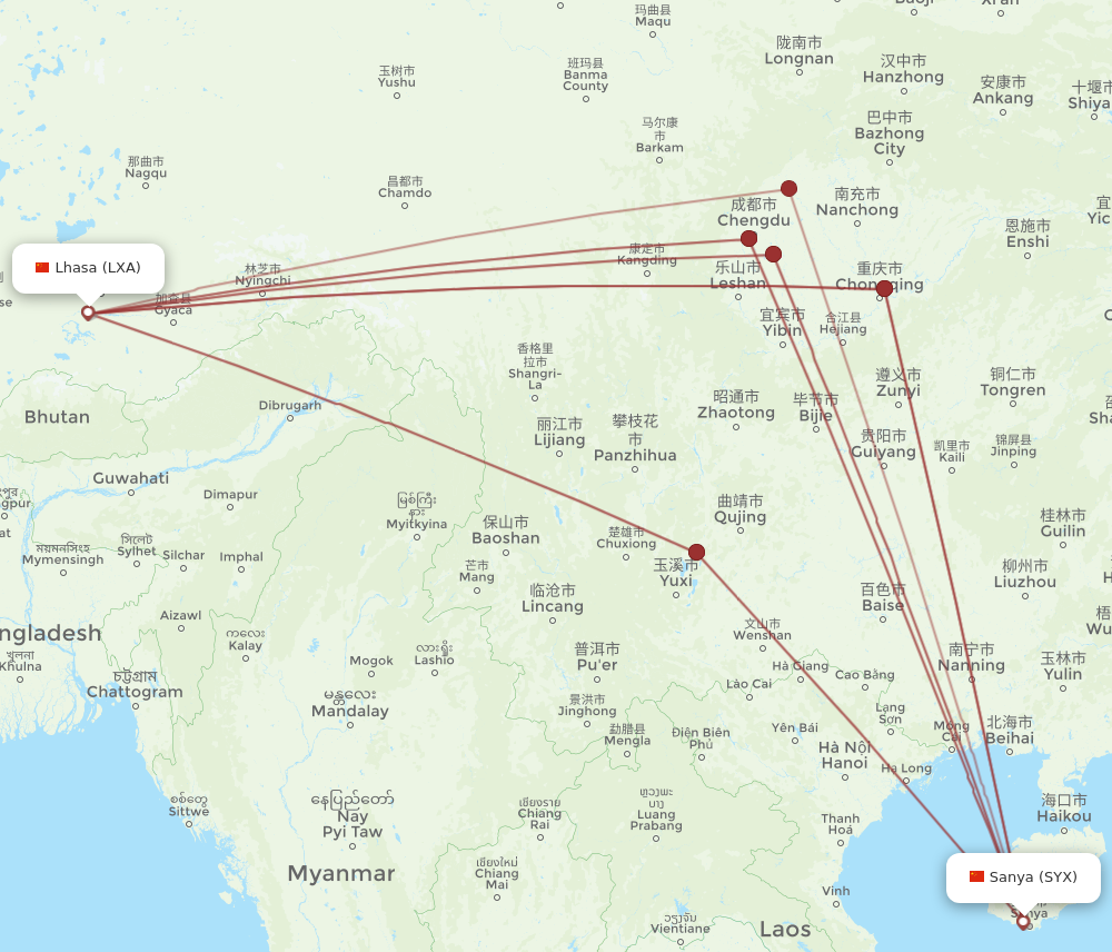 LXA to SYX flights and routes map