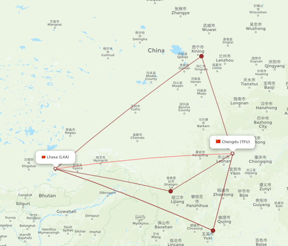 LXA to TFU flights and routes map