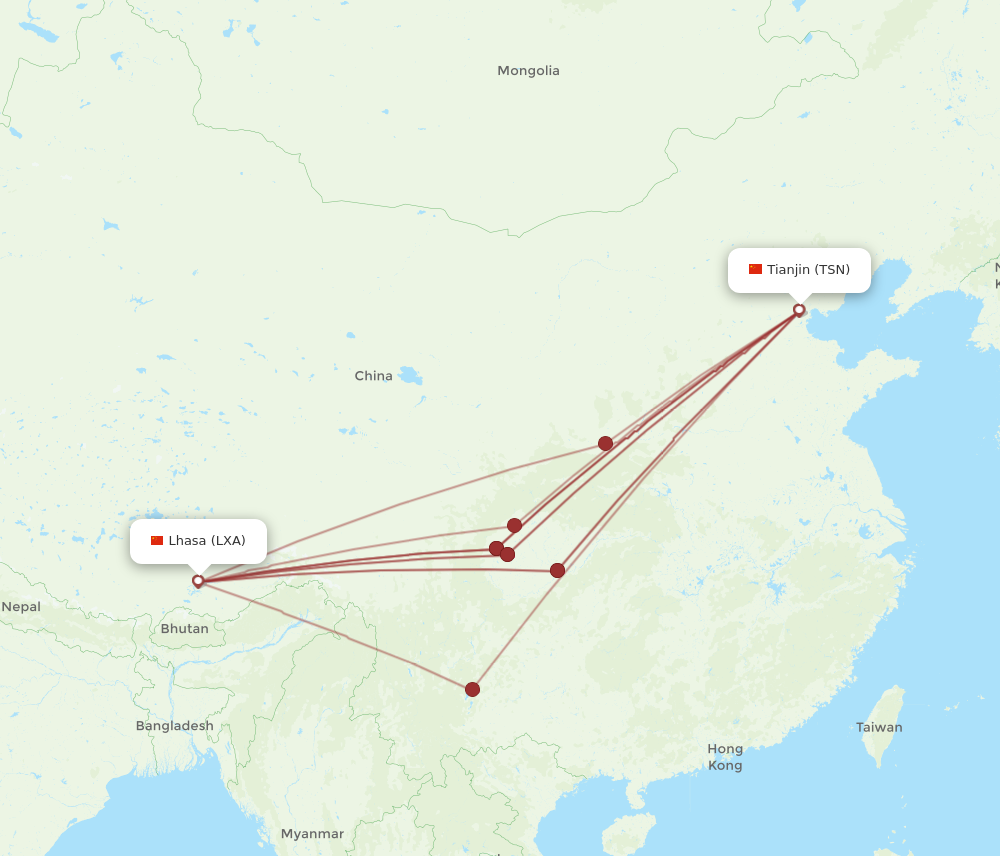 LXA to TSN flights and routes map