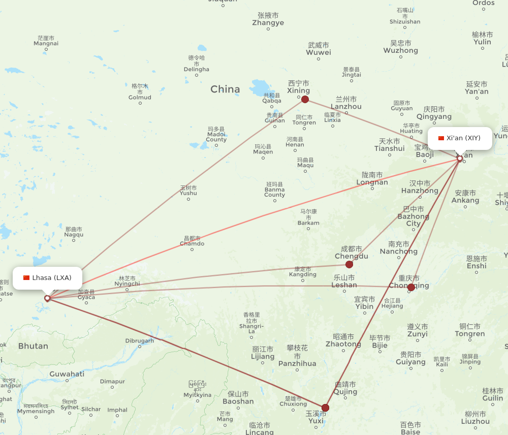 LXA to XIY flights and routes map