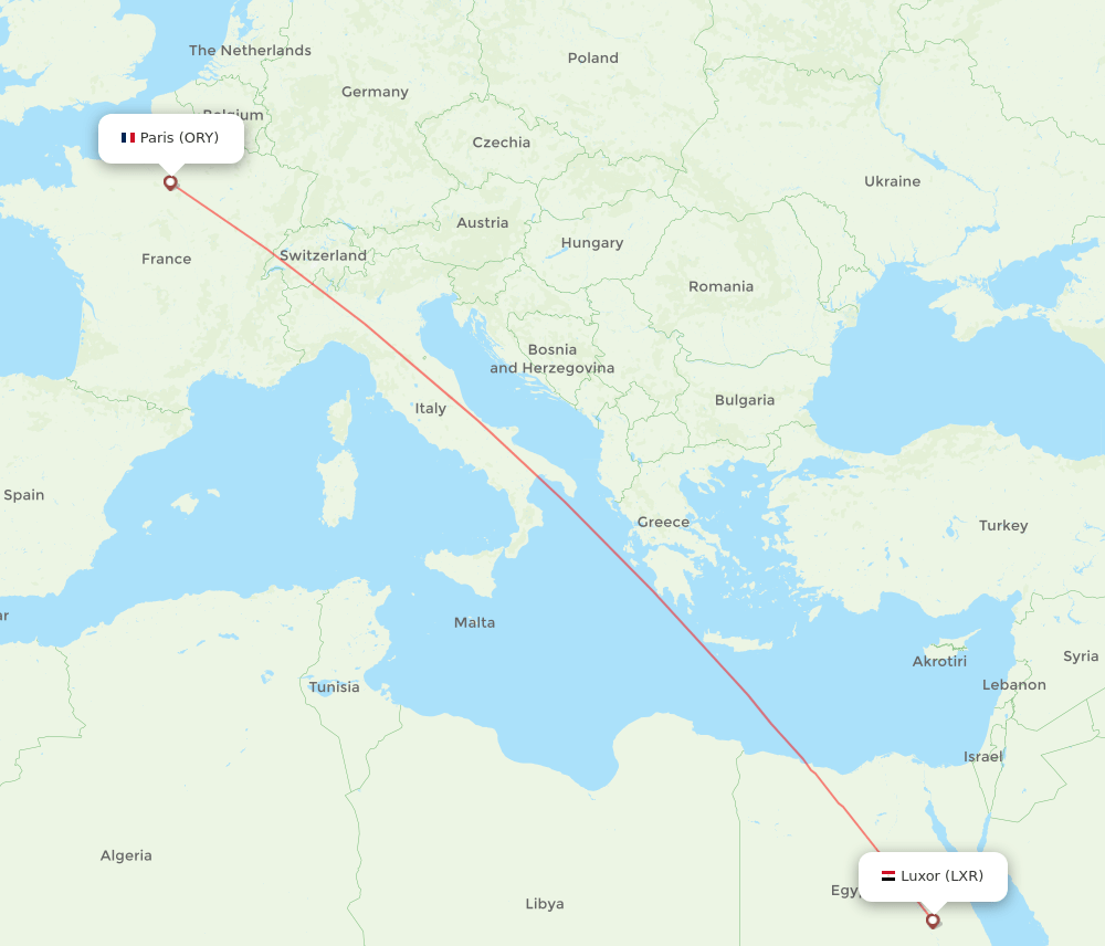Luxor - Paris route map and flight paths
