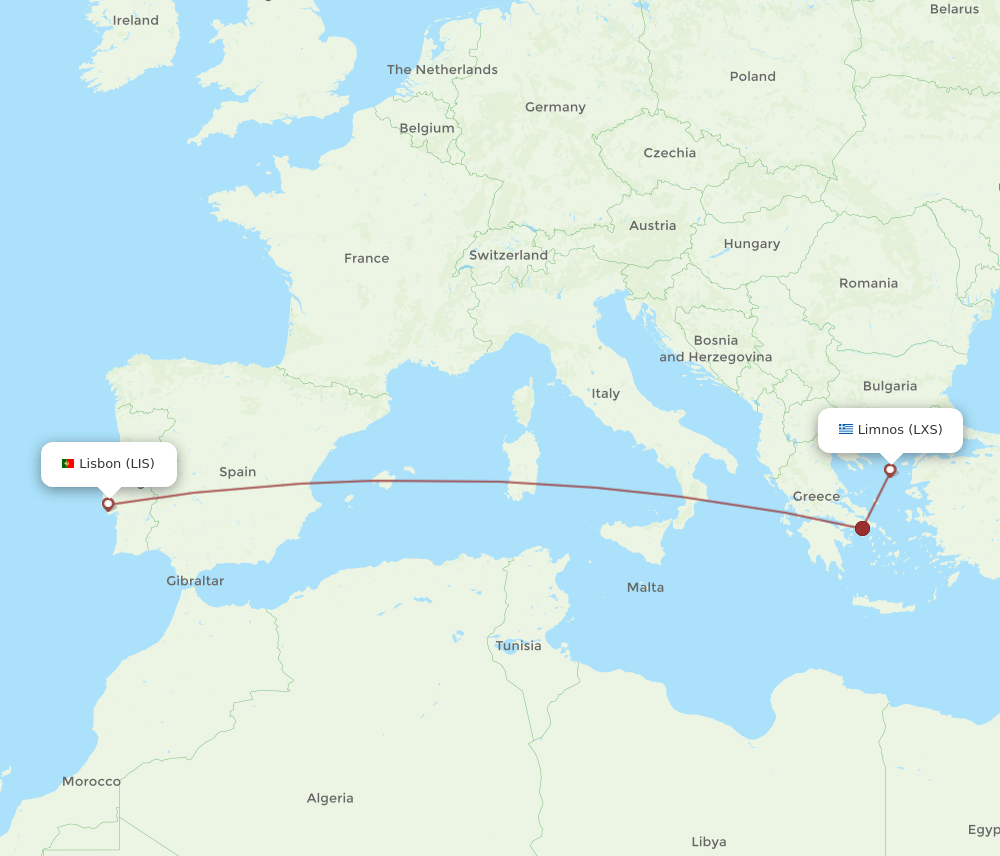 Lisbon - Limnos route map and flight paths