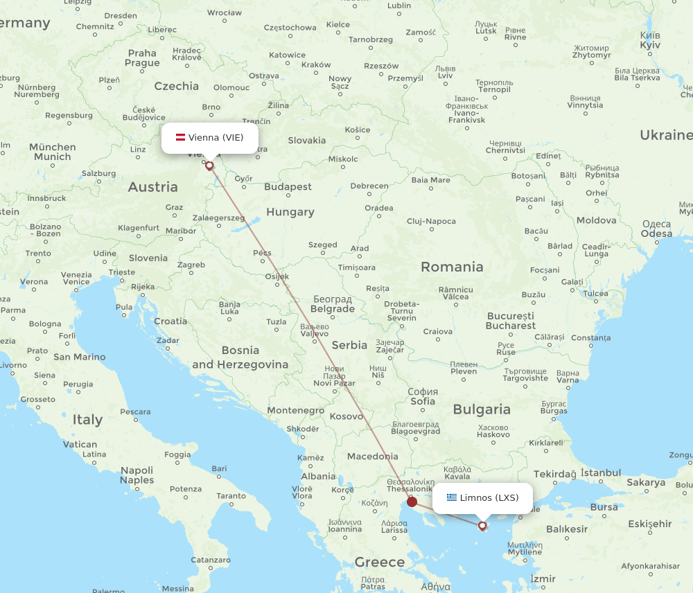 Vienna - Limnos route map and flight paths