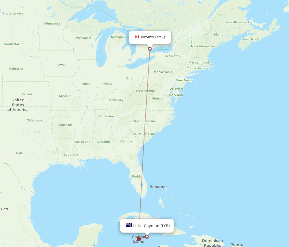 YYZ to LYB flights and routes map