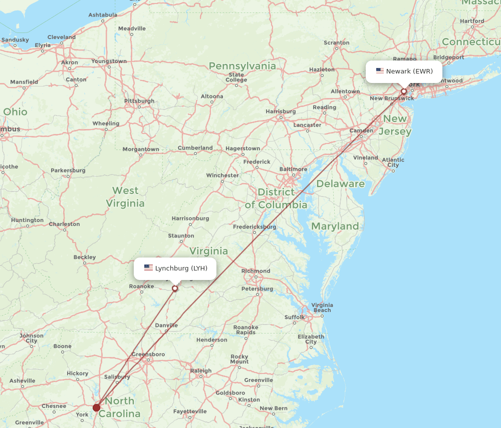 LYH-EWR flight routes