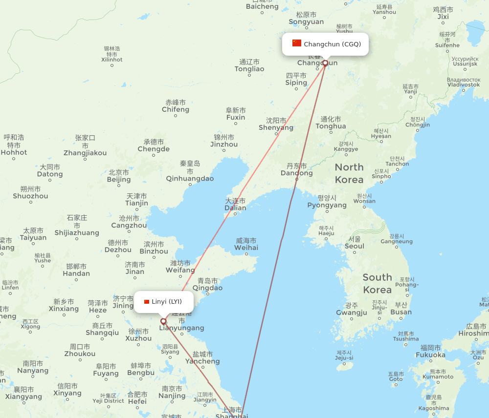 Linyi - Changchun route map and flight paths