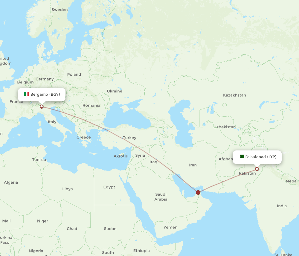 Milan - Faisalabad route map and flight paths
