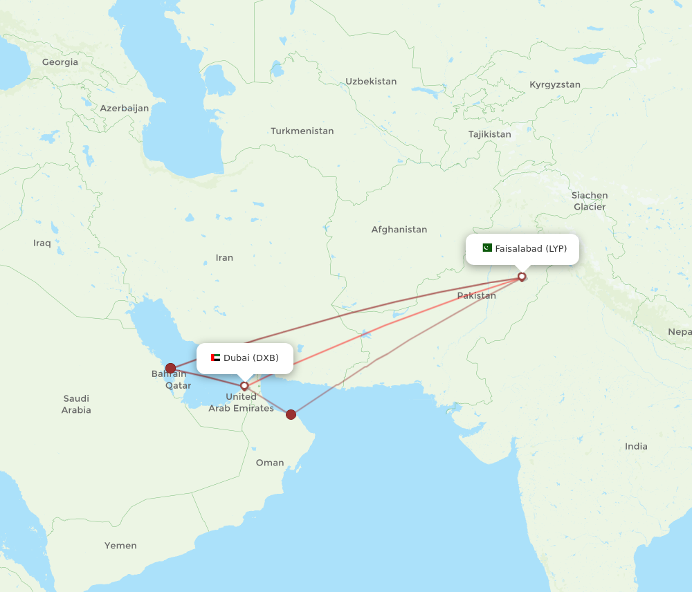 LYP to DXB flights and routes map