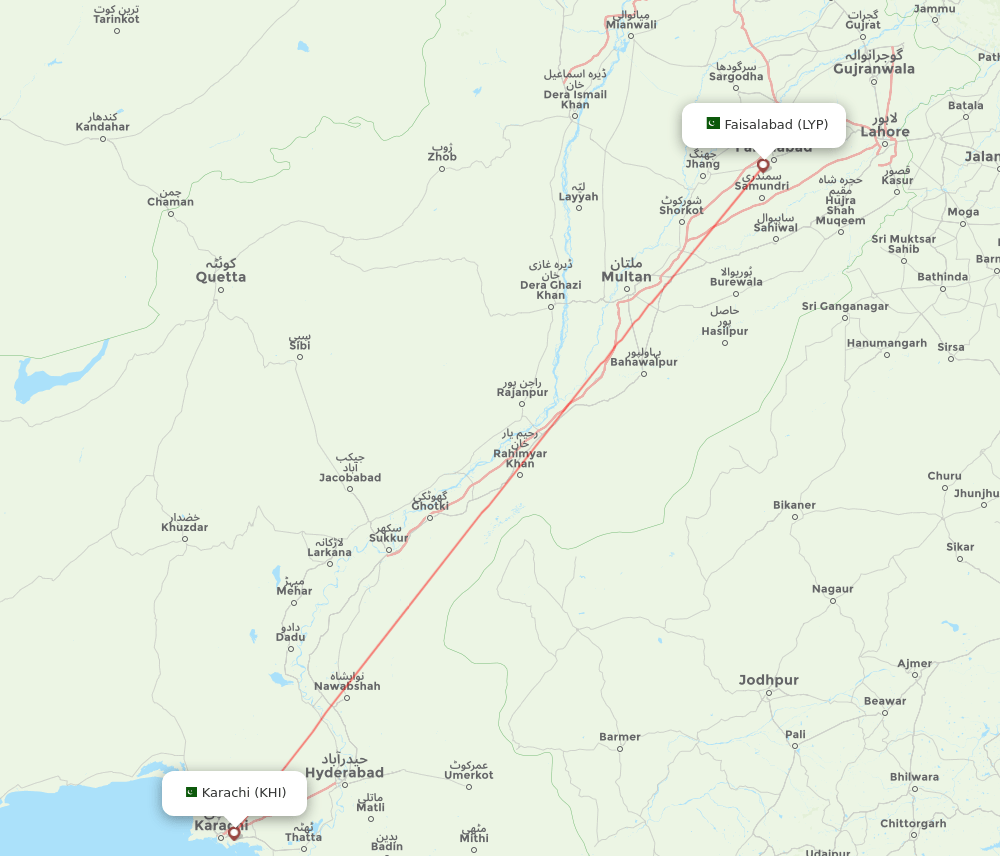 Faisalabad - Karachi route map and flight paths