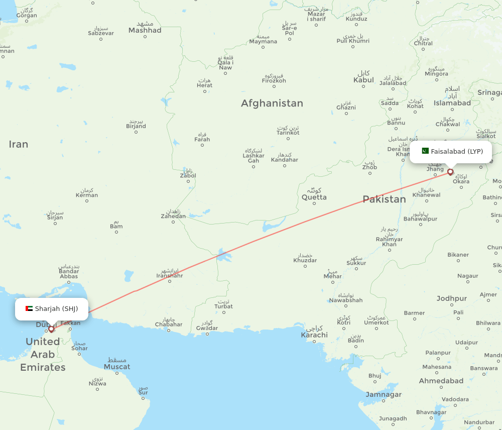Faisalabad - Sharjah route map and flight paths