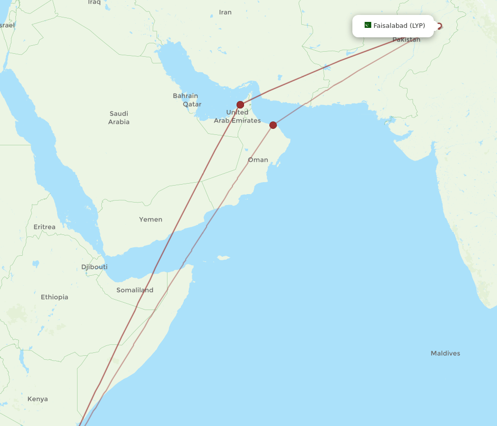 Zanzibar - Faisalabad route map and flight paths