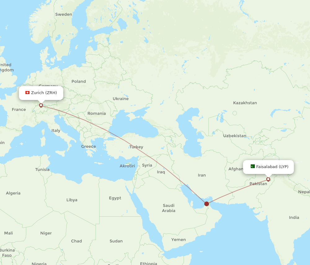Zurich - Faisalabad route map and flight paths