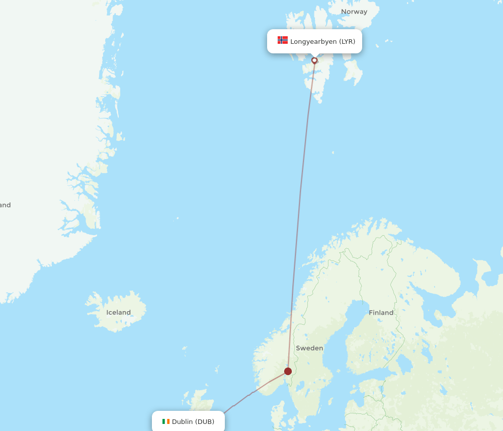 Dublin - Longyearbyen route map and flight paths