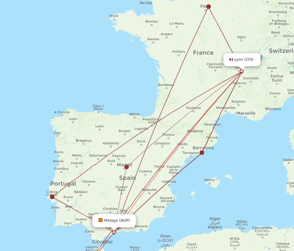 LYS to AGP flights and routes map