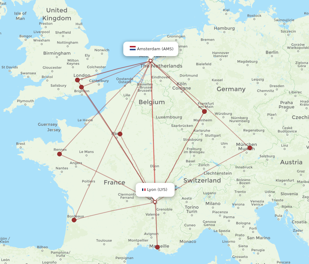 LYS to AMS flights and routes map