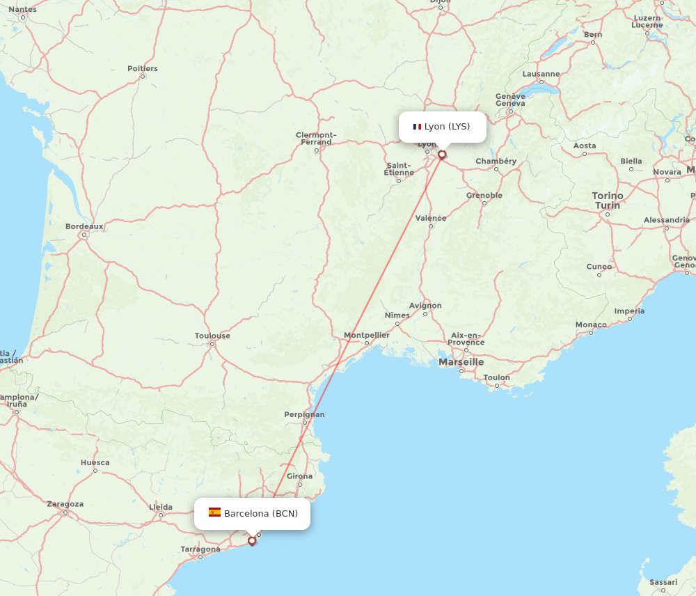 Lyon - Barcelona route map and flight paths