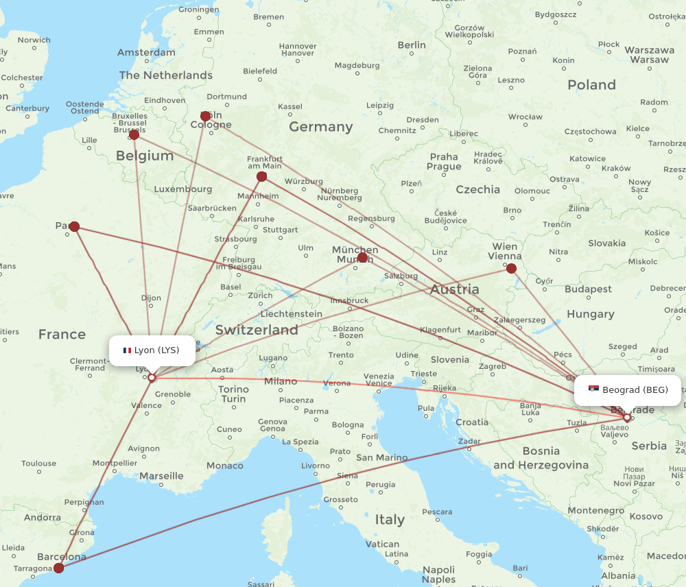 LYS to BEG flights and routes map