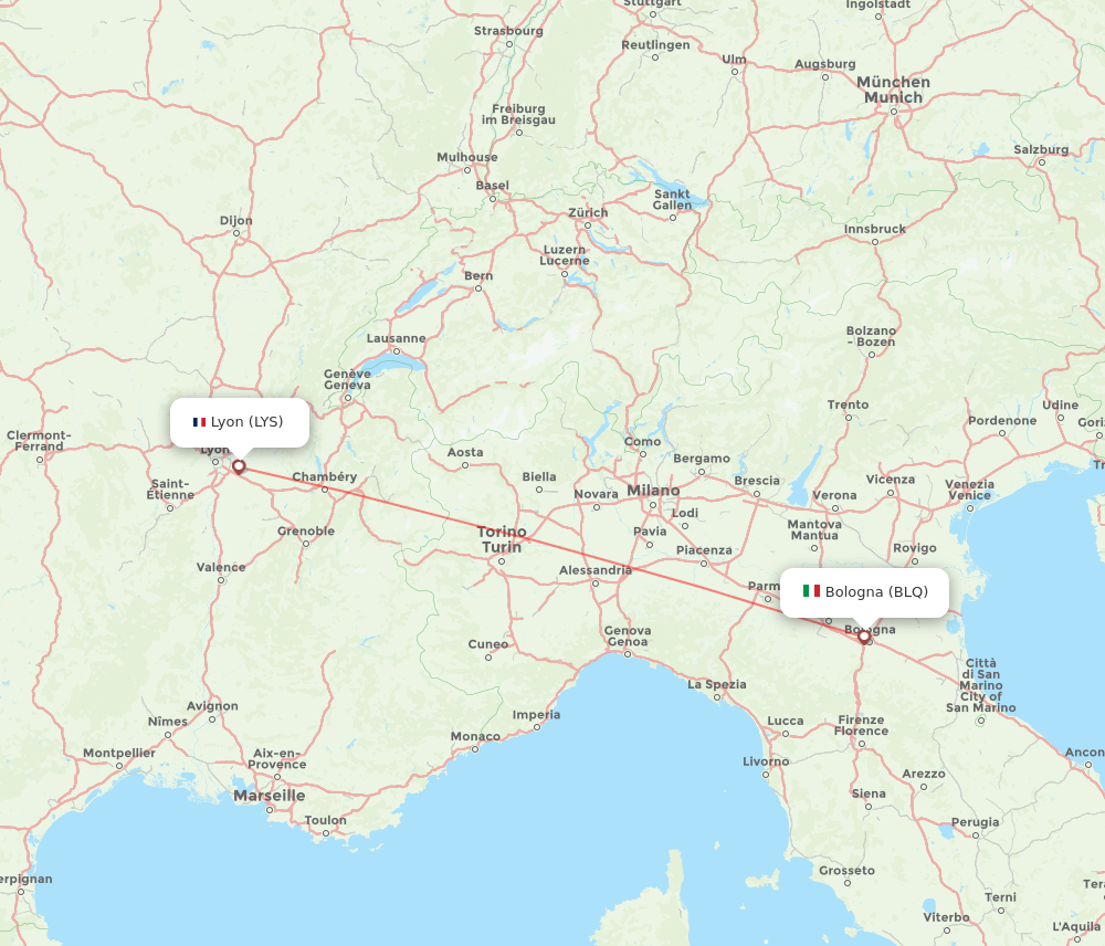 Lyon - Bologna route map and flight paths