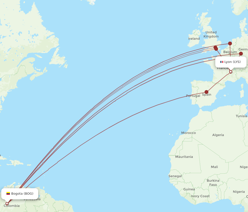 LYS to BOG flights and routes map