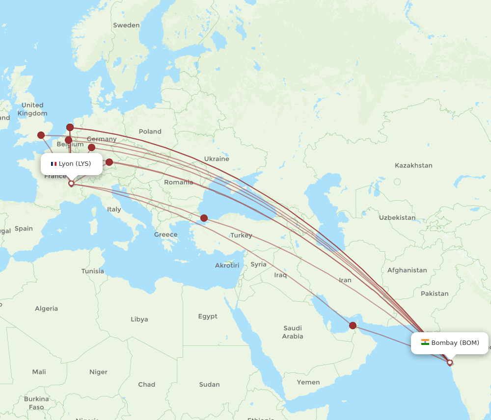 LYS-BOM flight routes