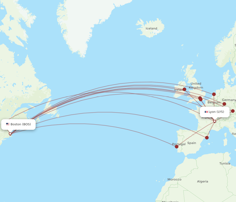LYS-BOS flight routes