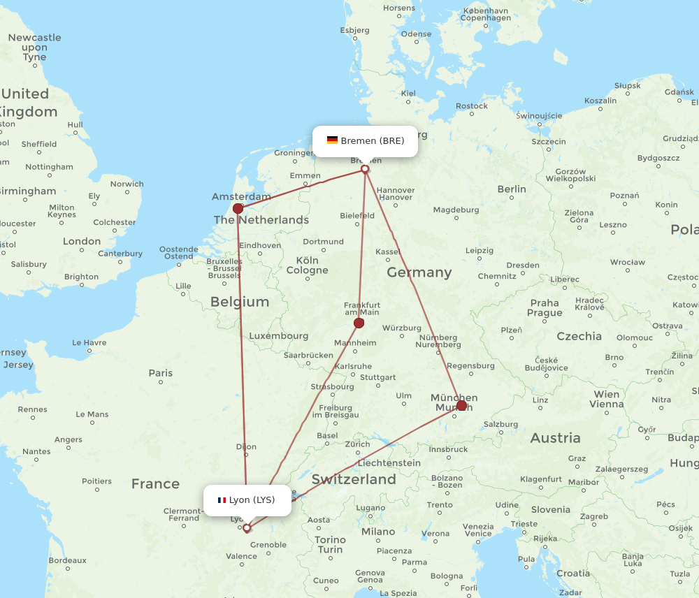 LYS to BRE flights and routes map