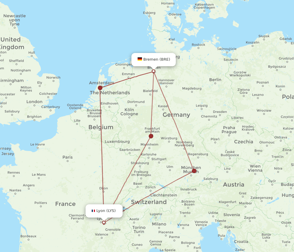 LYS to BRE flights and routes map