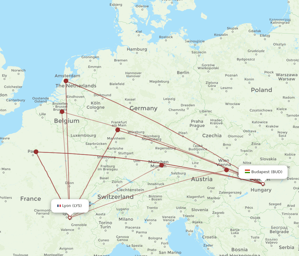 LYS-BUD flight routes