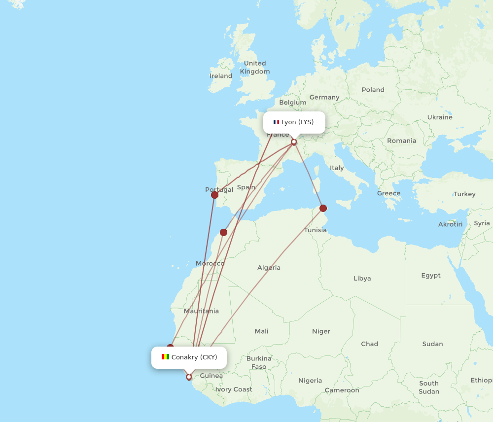 LYS-CKY flight routes