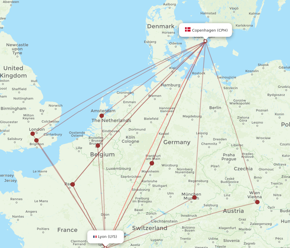 LYS to CPH flights and routes map