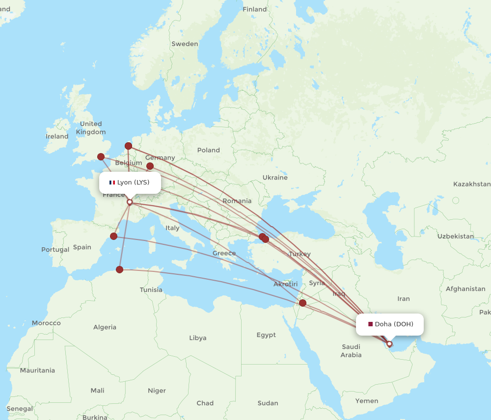 LYS to DOH flights and routes map