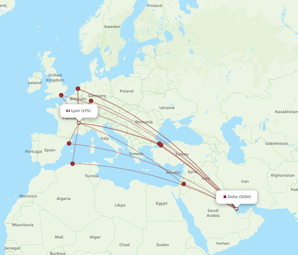 LYS-DOH flight routes