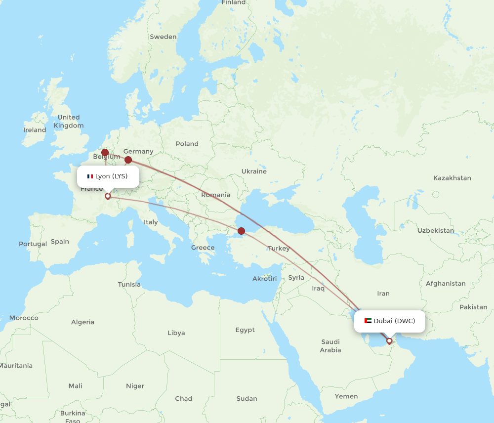 Lyon - Dubai route map and flight paths
