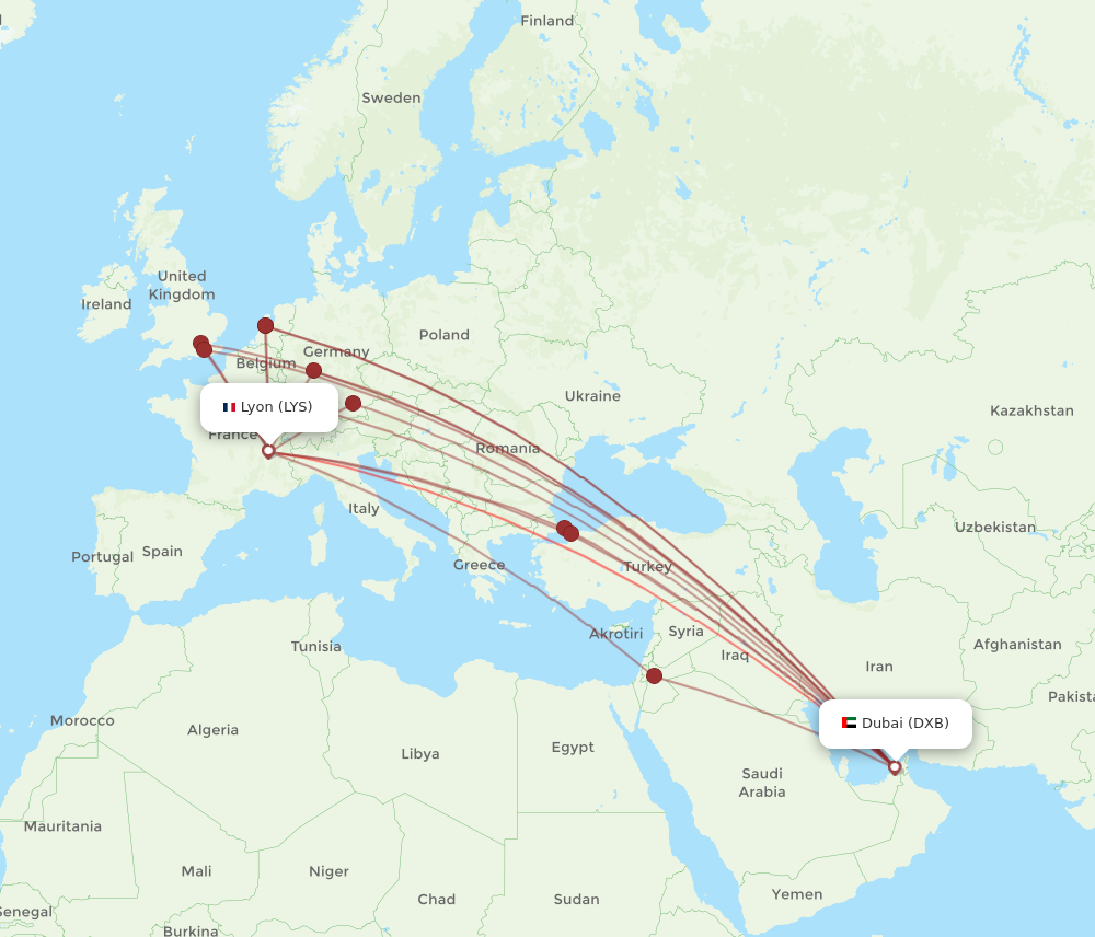 LYS to DXB flights and routes map