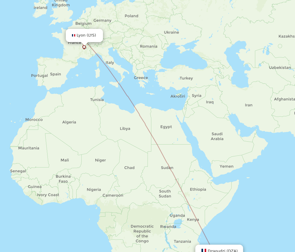 DZA to LYS flights and routes map