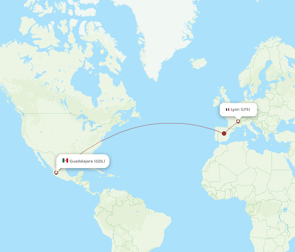 Lyon - Guadalajara route map and flight paths