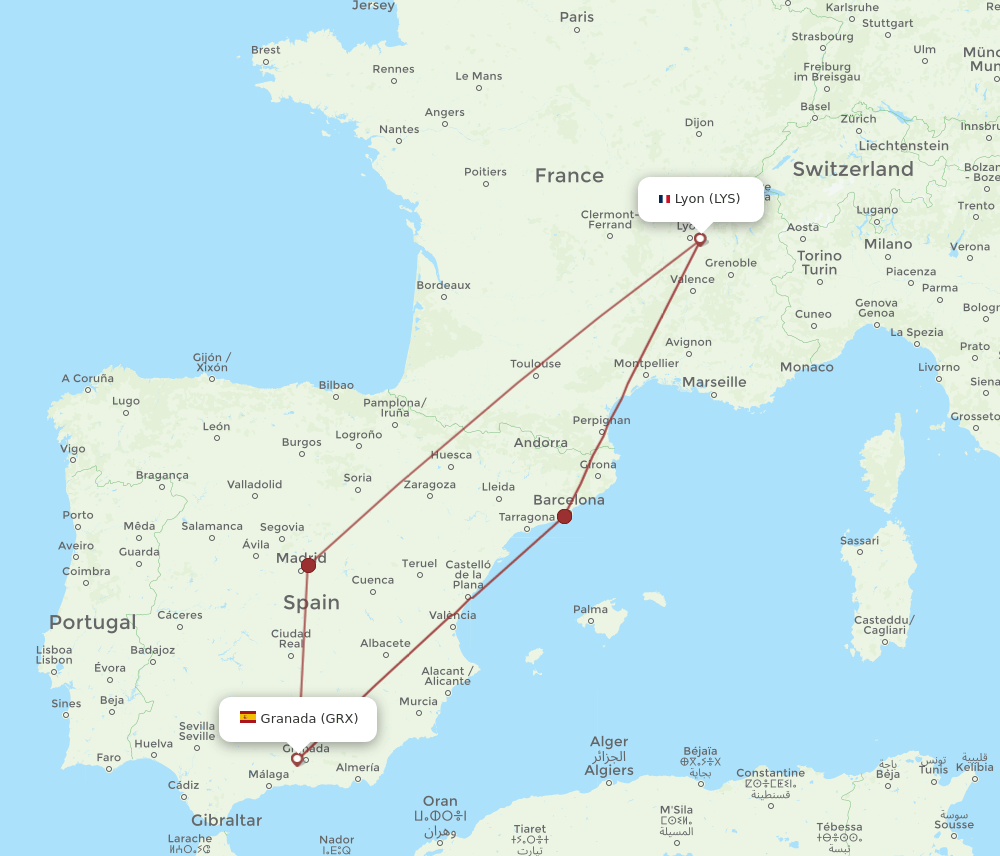 LYS-GRX flight routes