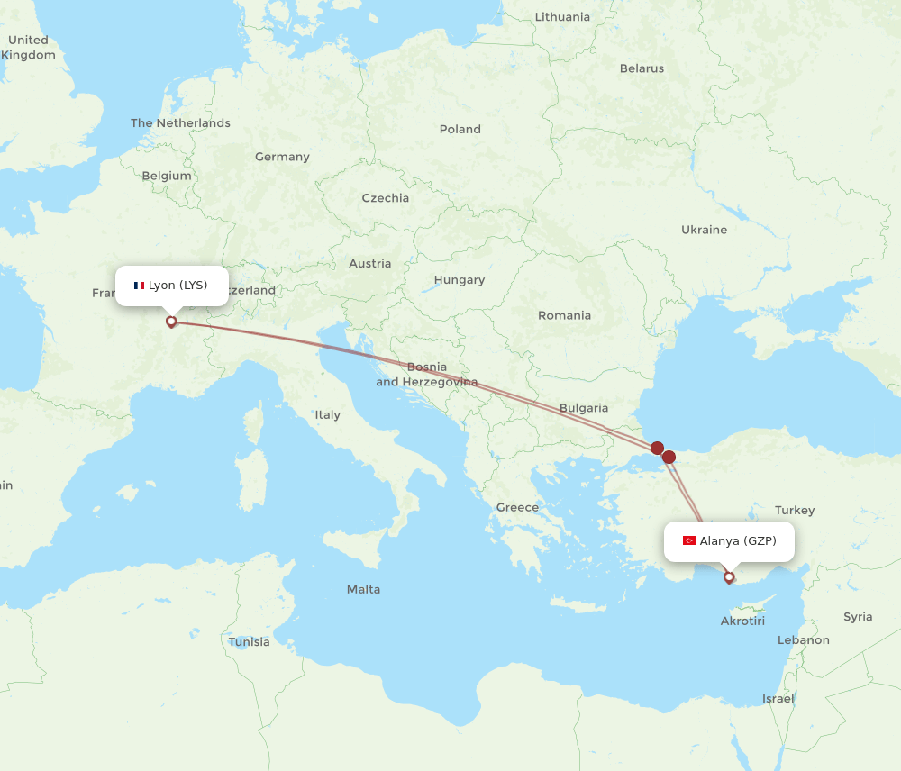 LYS-GZP flight routes